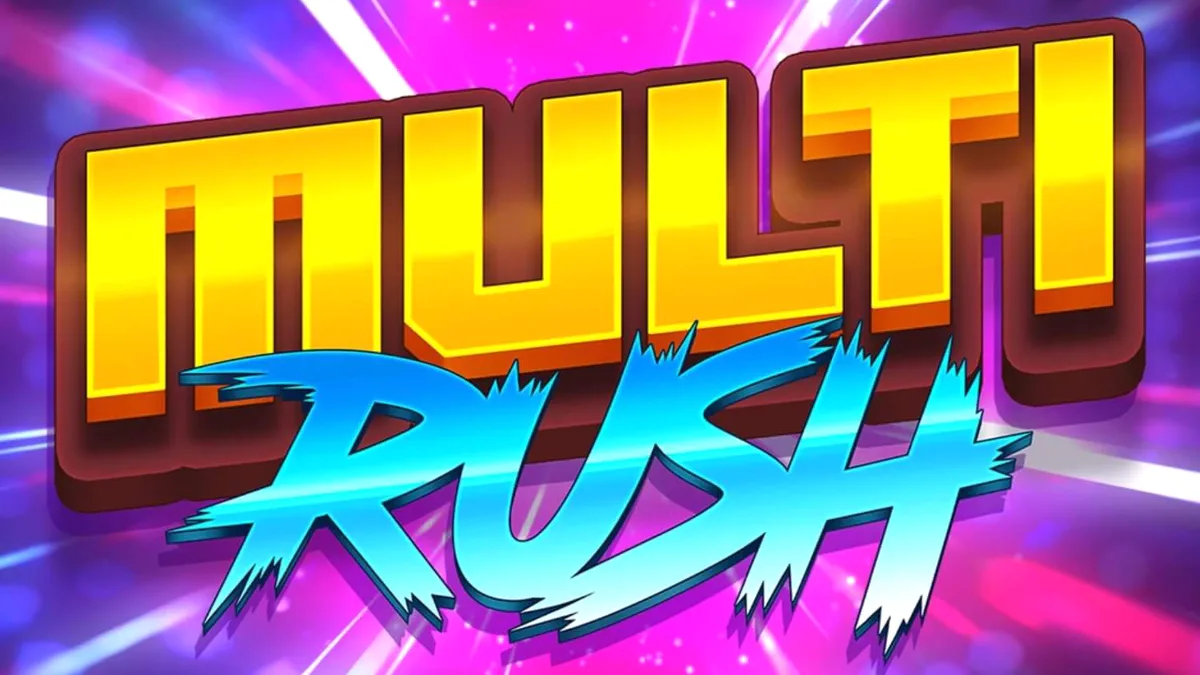 Tampilan visual slot Multi Rush dengan tema neon buah dan simbol arcade