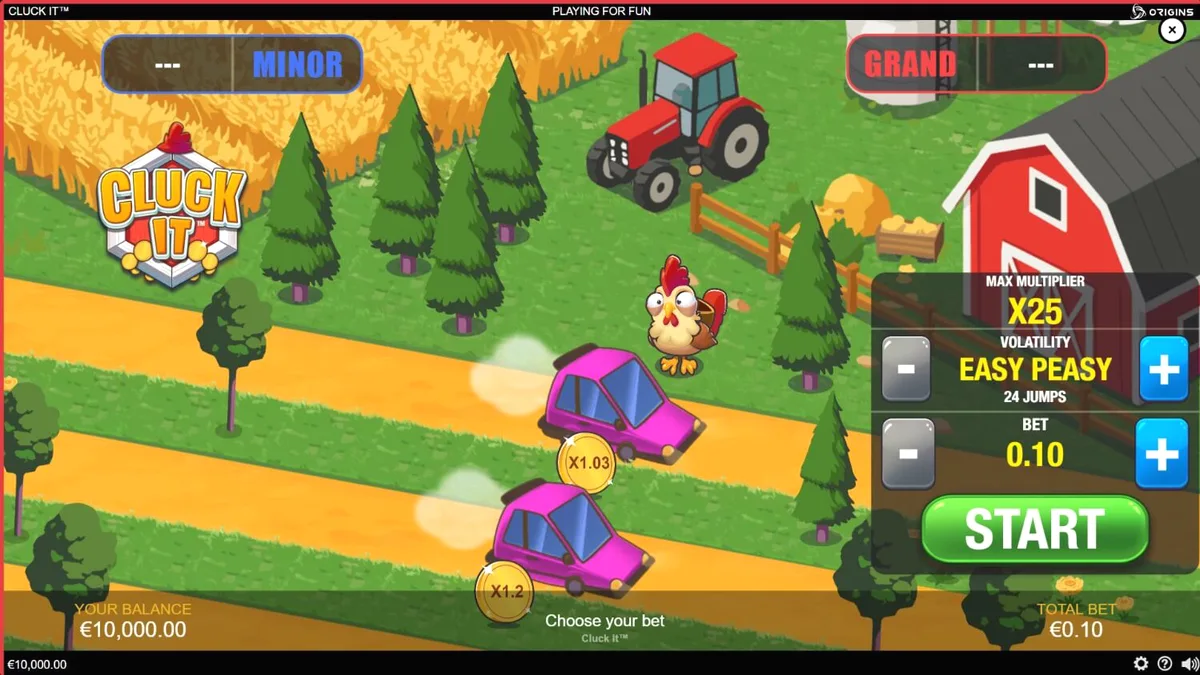 Ayam lucu dalam permainan slot Cluck It dengan latar belakang pedesaan yang ceria.