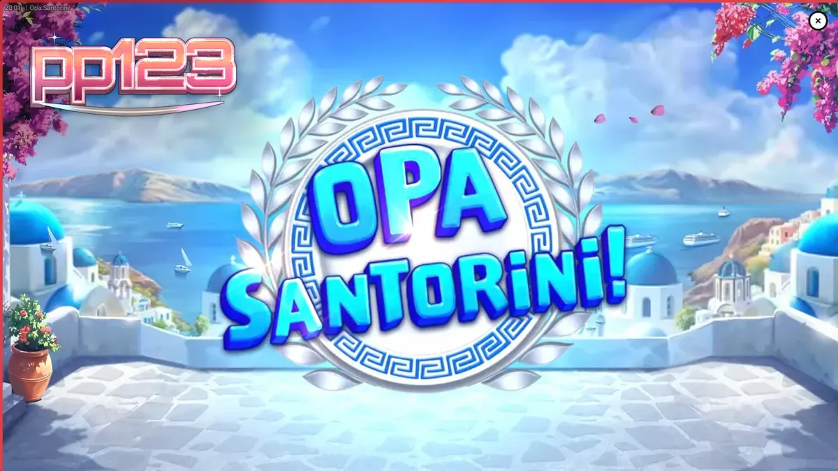 Pemandangan indah pulau Santorini dengan kubah biru yang menjadi tema utama slot Opa Santorini!